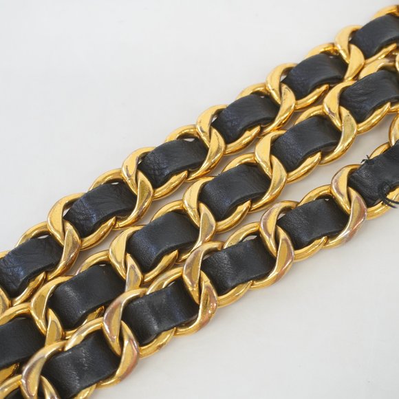 Auth Chanel Belt Chain Belt Gold Metal Fittings Women's Leather Chain Belt Black - Picture 8 of 11
